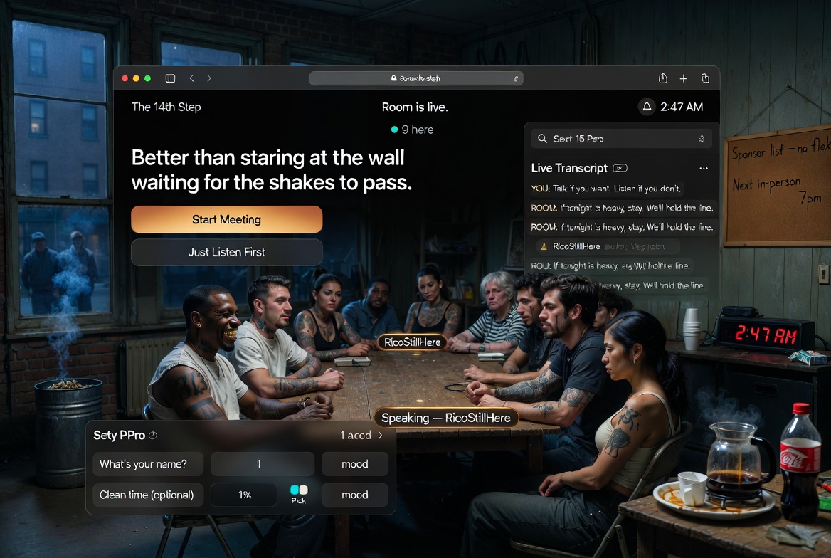 Recovery room mood board with coffee, smoke break outside, and late-night meeting energy.